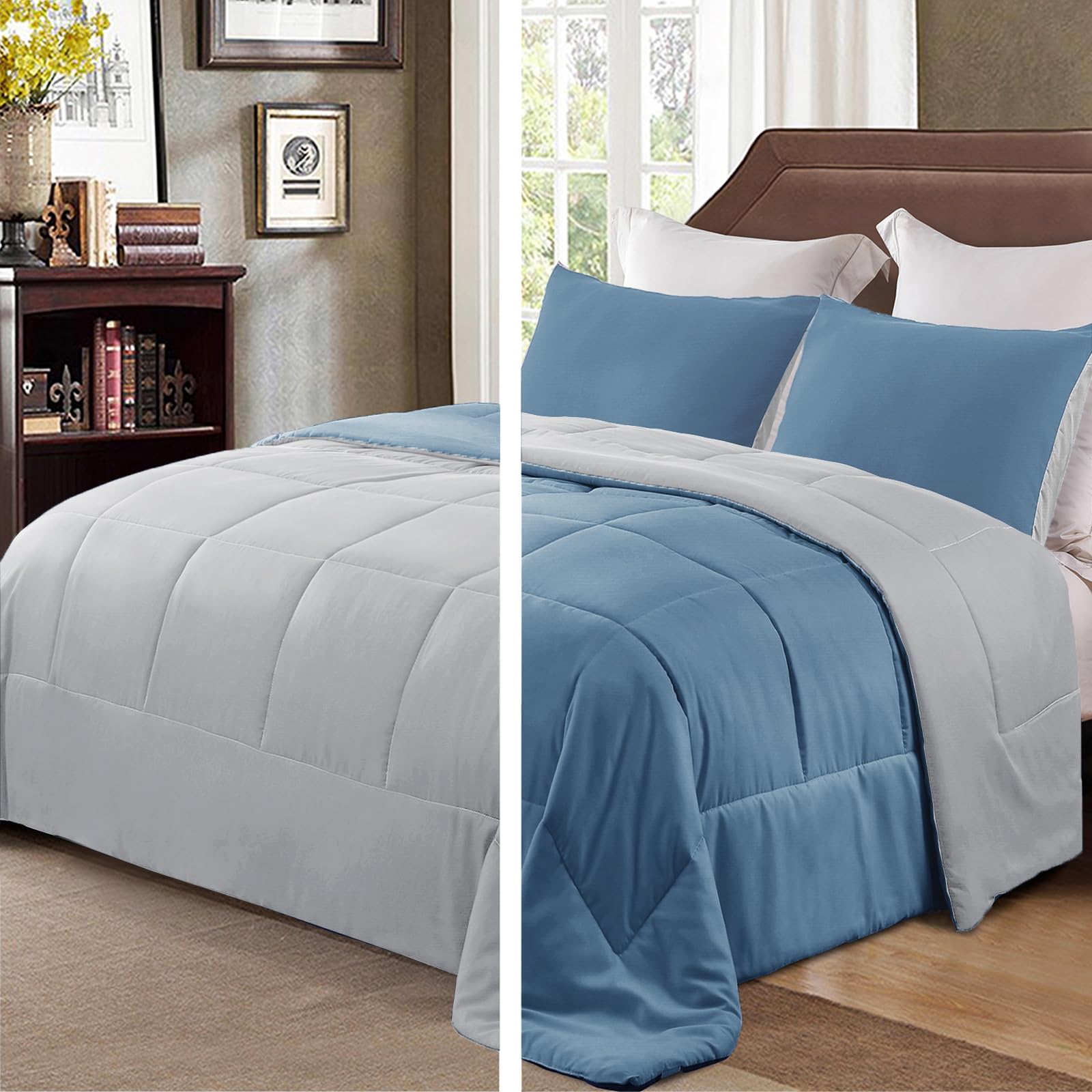 Lightweight Reversible 3-Piece Comforter Set – King Size, All-Season, Bluish Grey