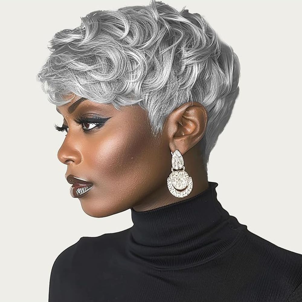 Pixie Cut Grey Wig for Black Women – Short Curly Wig with Bangs