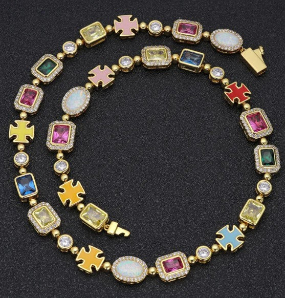 Gold-Plated Hip-Hop Gemstone Necklace – Bold Statement Jewelry for Men & Women